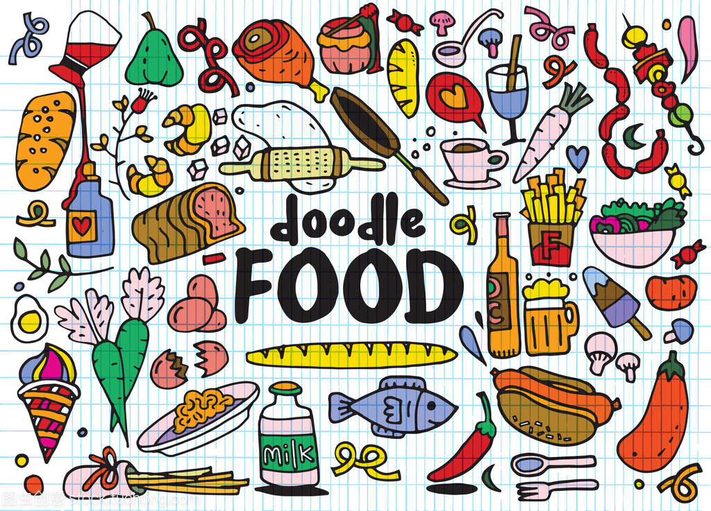 食物和饮料的涂鸦元素草绘背景。矢量点检